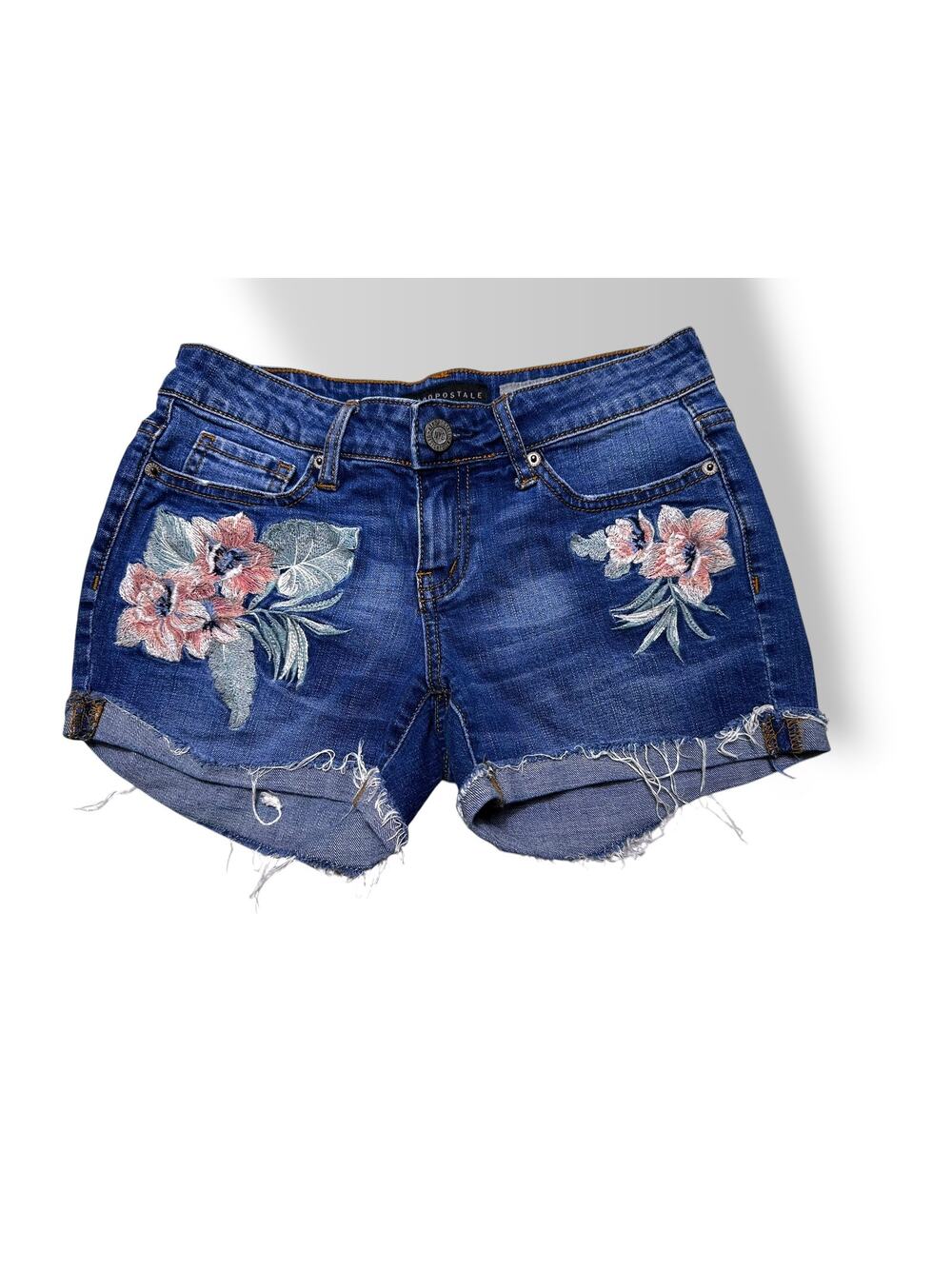Aeropostale Floral Embroidered Denim Shorty Shorts Raw Frayed Hem SIze 0